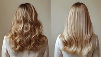 Professional blonde hair transformation showing curly and straight styling options for salon services and hair care products.