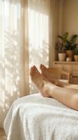 Woman relaxing with feet up on white towel in bright, sunlit bedroom with sheer curtains and potted plants, conveying wellness and home comfort.