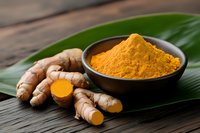 Fresh turmeric root and golden powder in wooden bowl on banana leaf. Natural anti-inflammatory spice for cooking, wellness and traditional medicine.