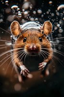 Curious brown mouse with water droplets on head looking directly at camera against dark background, whiskers visible, paws reaching forward in playful pose.