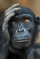 Thoughtful chimpanzee with hand on forehead showing contemplative expression and striking orange eyes in close-up portrait for wildlife and primate content.