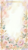 Ornate golden frame with pink and peach roses, peonies, and delicate foliage on watercolor background. Isolated design element ready for invitations, greeting cards, and wedding stationery projects.