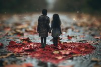 Young couple holding hands while standing among fallen red autumn leaves on wet ground, creating romantic moody atmosphere in fall season.