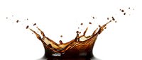 Dynamic coffee splash with droplets and crown formation on white background isolated for beverage advertising and cafe marketing materials.