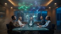 Business team collaborating in modern conference room with holographic network visualization floating above glass table during evening meeting.
