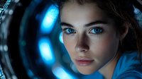 Young Caucasian female scientist or researcher working with advanced technology equipment in laboratory with blue illuminated displays and controls.