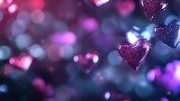 Glowing pink and purple heart shapes floating on blurred bokeh background in blue and magenta colors create romantic dreamy atmosphere for Valentine's Day designs.