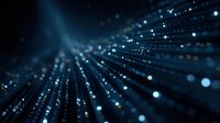 Abstract blue digital data stream with glowing particles and light rays creating futuristic technology network background for presentations and designs.