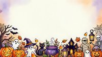 Spooky Halloween celebration border with carved pumpkins, witch hat, black cat, cauldron, haunted house, skull, mummy, ghost, bat, and autumn leaves on cream background.