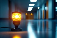 Glowing orange warning light in dark corridor creates moody atmosphere with blurred background and reflective floor surface. Suitable for safety concepts.