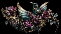 Ornate vintage brooch with metallic bird and floral design featuring roses and baroque scrollwork in teal, gold, and purple against dark background.