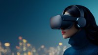 Young Asian woman wearing virtual reality headset and headphones against blurred city lights background at night, experiencing immersive technology.