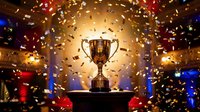 Golden trophy cup on podium with colorful confetti celebration background for awards ceremony victory achievement success competition winner.