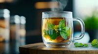 Fresh mint tea in double wall glass cup on wooden surface with green leaves, steam rising in soft natural light. Cozy morning beverage setting.