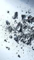 Crushed charcoal and coal fragments scattered across white surface, depicting destruction, disintegration, and industrial waste for design and environmental concepts.