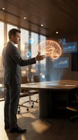Businessman interacting with holographic brain and data analytics in modern office showcasing artificial intelligence and machine learning technology.
