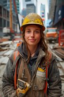 Young female construction worker wearing hard hat and safety gear smiles confidently at construction site with urban skyscrapers in background, representing women in trades.