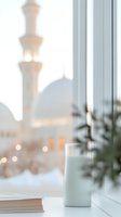 Glass of milk and book on windowsill with blurred mosque minaret and dome in background creating peaceful morning atmosphere with soft bokeh lights.