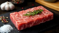 Raw marbled beef steak with rosemary, salt, and peppercorns on black slate board, ready for cooking.