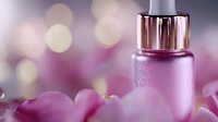 Pink frosted glass cosmetic dropper bottle with rose petals and soft bokeh lights background, luxury skincare serum packaging for beauty product photography.