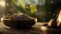 Fresh black chia seeds in wooden bowl with natural sunlight and bokeh effect, healthy superfood ingredient on rustic wooden table background.