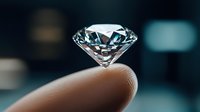 Brilliant cut diamond held on fingertip against dark background with soft bokeh lights, showcasing luxury jewelry and precious gemstone clarity in macro photography.