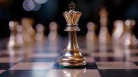 Golden chess king piece standing on checkered board with blurred chess pieces in background creating dramatic atmosphere with bokeh lighting effects.