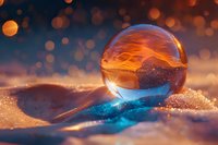 Crystal glass sphere on sand reflecting sunset sky and ocean waves, with golden bokeh lights in background creating magical atmosphere on beach.