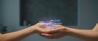 Hands holding a glowing holographic chart with healing, acceptance, and growth labels, symbolizing personal development and mental wellness journey.