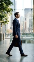 Confident Caucasian businessman in navy suit walking through modern office lobby with briefcase, city skyline visible through glass windows.