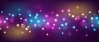Abstract colorful bokeh lights background with purple blue pink and golden glowing circles creating magical atmosphere for celebrations and events.