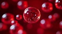 Red crystal sphere with bubbles on blurred crimson background creates magical atmosphere for luxury branding, wellness concepts, and festive designs.