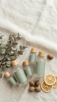 Natural organic cosmetic bottles with wooden caps on linen fabric with eucalyptus leaves, walnuts and dried lemon slices for eco-friendly skincare branding.