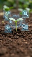 Smart agriculture technology concept with digital icons showing irrigation, pest detection and harvest timing around green seedling growing in soil.