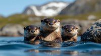 Three curious river otters swimming together peek above water surface with snowy mountains in background, creating playful wildlife scene in natural habitat.