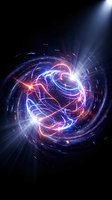 Cosmic energy vortex with swirling light trails and particle effects creating luminous spiral galaxy formation against dark space background for sci-fi designs.