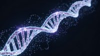 Digital DNA double helix structure with glowing particles on dark background for biotechnology and genetic research presentations.