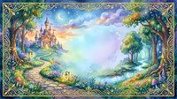 Enchanted fairy tale landscape with magical castle, winding path through mystical forest, crescent moon and colorful sunset sky in ornate decorative frame.