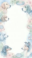 Watercolor dog breeds frame with paw prints and food bowls on white background for pet care designs and veterinary materials.