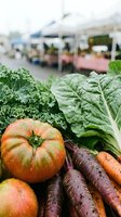 Fresh organic vegetables including heirloom tomatoes, kale, and carrots displayed at farmers market with vendor stalls blurred in background. Perfect for agriculture, local food, and farm-to-table concepts.