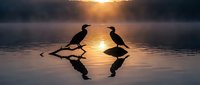Silhouettes of two cormorants facing each other on calm water at sunrise, with golden light reflecting on the surface and mist rising from the lake.