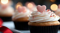 Sweet vanilla cupcake with white cream frosting topped with pink heart decoration and red sprinkles against blurred bokeh lights background for Valentine's day celebration.