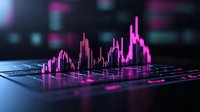 Pink glowing financial chart with stock market data visualization on dark background, digital trading graph showing market analysis and trends.