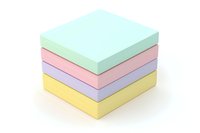 Stack of colorful sticky notes in pastel shades of blue, green, pink, purple and yellow on white background, isolated office supplies for business and planning.