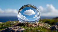 Crystal glass sphere on mossy ground reflecting blue sky and white clouds, with ocean horizon visible in background. Perfect for environmental concepts.
