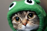Close up portrait of tabby cat wearing green frog costume hood with big eyes, looking directly at camera. Adorable pet in funny animal outfit.