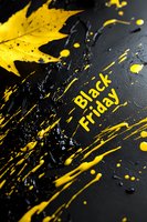 Yellow paint splatter and autumn maple leaf on black surface with seasonal sale text. Dynamic composition with contrast colors creates dramatic retail backdrop.