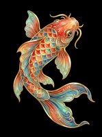 Ornate koi fish with gold accents and vibrant red, blue, teal watercolor scales, isolated on transparent background, ready for t-shirts, stickers, and print on demand.