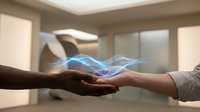 Two hands reaching toward each other with glowing blue digital energy or hologram floating between them in modern office setting for technology and connection concepts.