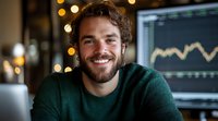 Cheerful young Caucasian male professional with beard wearing green sweater smiling while working on financial market analysis with stock charts on computer screen in office.